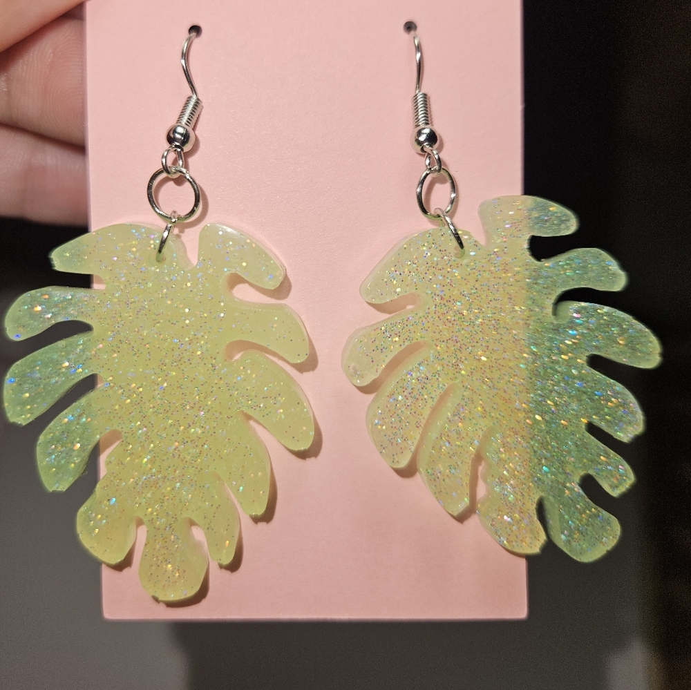 Sparkling Green Monstera Palm Leaf Earrings